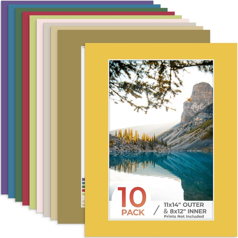 Frametory , 11x14 Mix Color Picture Mats for 8x12 Photos with White Core Bevel Edge Framing Mattes, Acid Free and 4-Ply Thickness - Pack of 10 - Image 1